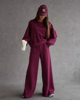 Round Neck Long Sleeve Wide Leg Pants Two Piece Set Casual Korean Style Sweatshirt Set Women Autumn Winter Fashion Outfit