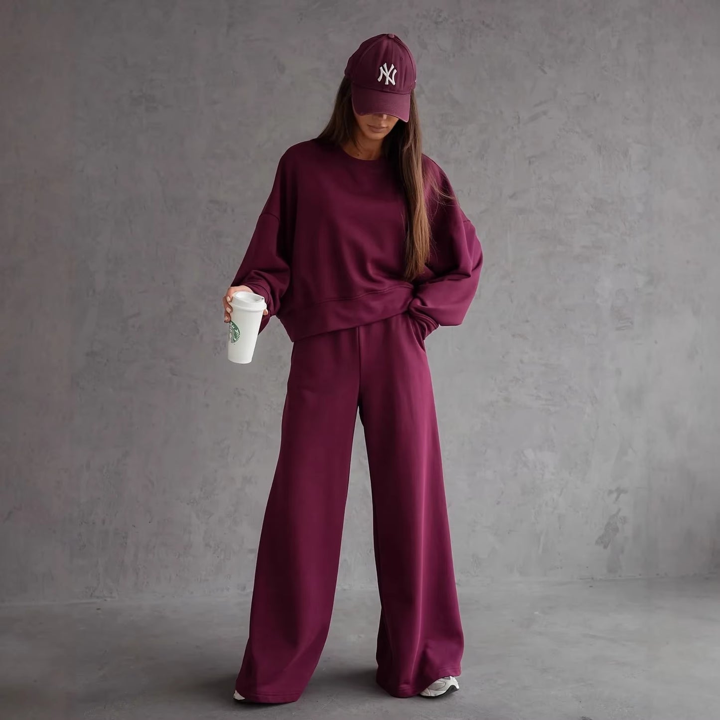 Round Neck Long Sleeve Wide Leg Pants Two Piece Set Casual Korean Style Sweatshirt Set Women Autumn Winter Fashion Outfit