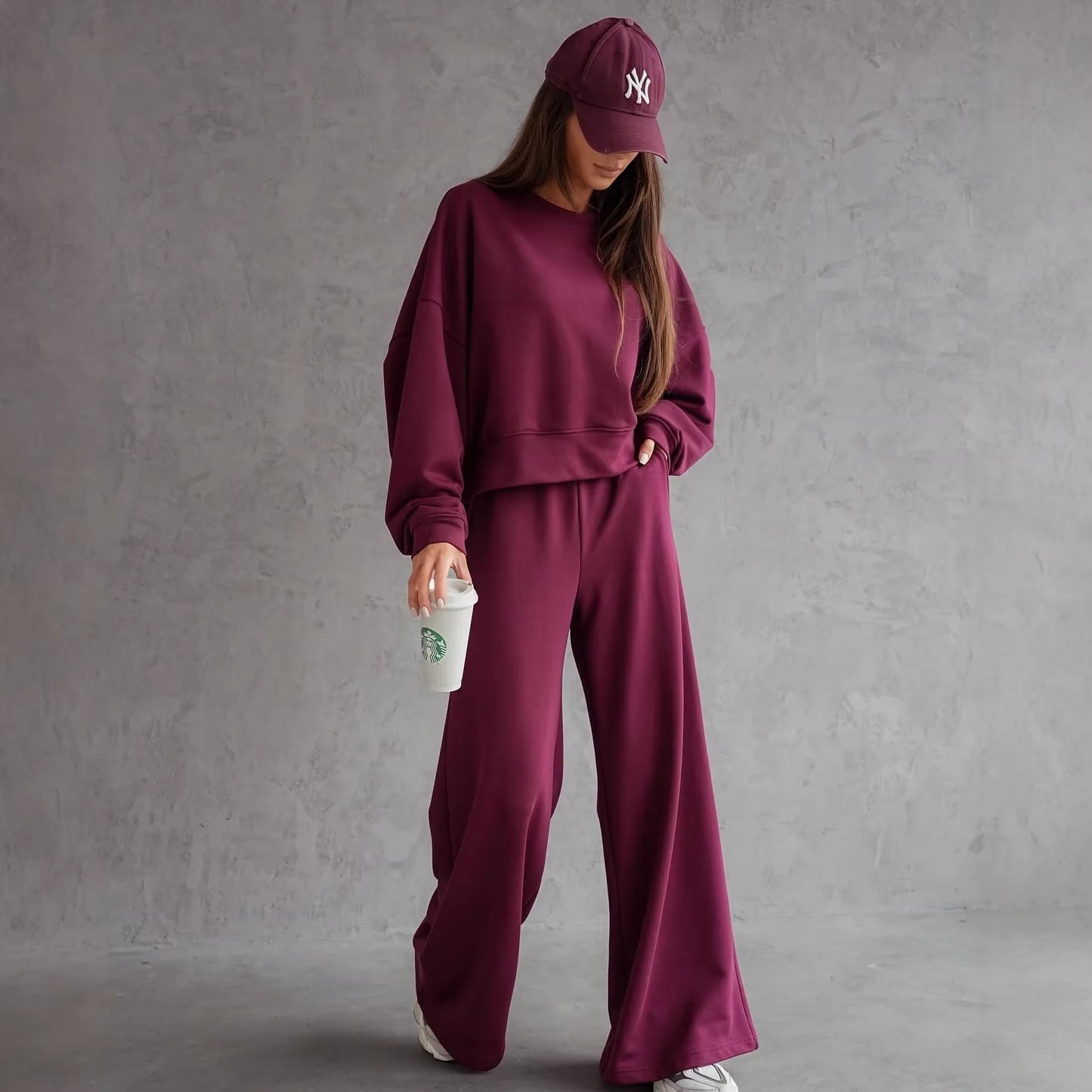 Round Neck Long Sleeve Wide Leg Pants Two Piece Set Casual Korean Style Sweatshirt Set Women Autumn Winter Fashion Outfit