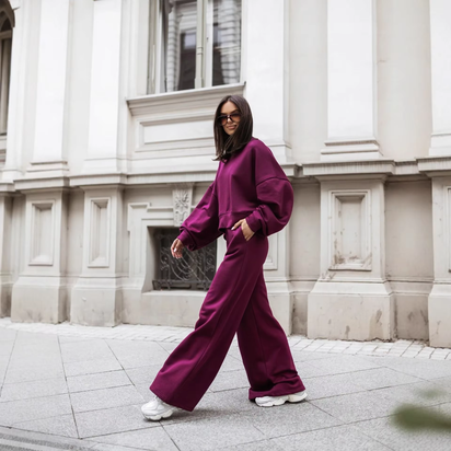 Round Neck Long Sleeve Wide Leg Pants Two Piece Set Casual Korean Style Sweatshirt Set Women Autumn Winter Fashion Outfit