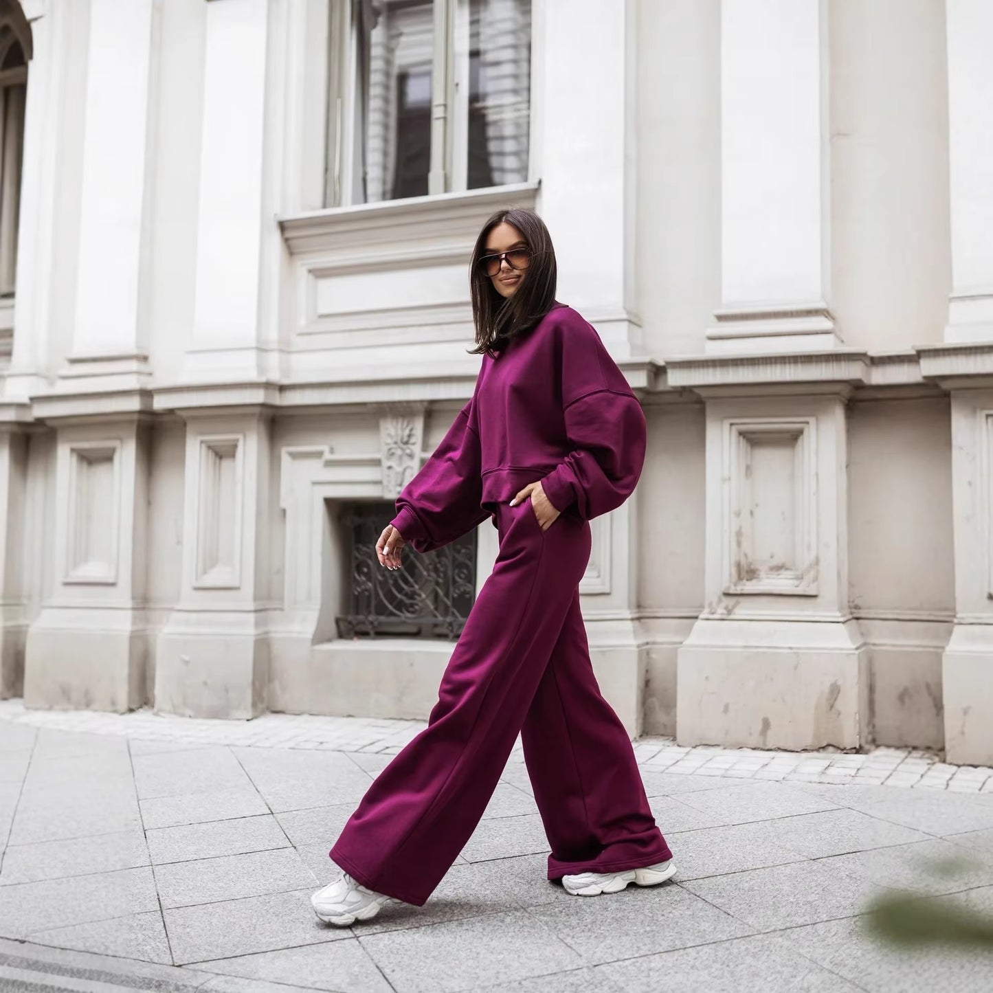Round Neck Long Sleeve Wide Leg Pants Two Piece Set Casual Korean Style Sweatshirt Set Women Autumn Winter Fashion Outfit