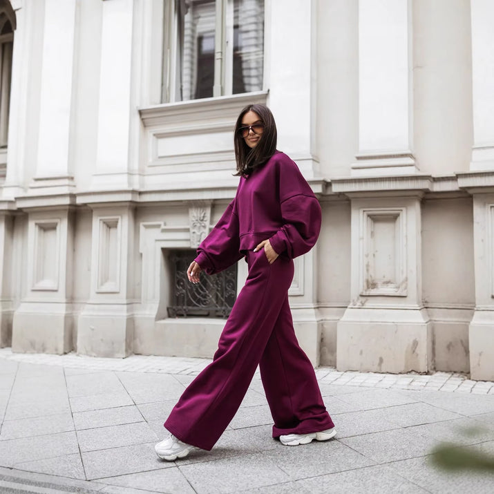 Round Neck Long Sleeve Wide Leg Pants Two Piece Set Casual Korean Style Sweatshirt Set Women Autumn Winter Fashion Outfit