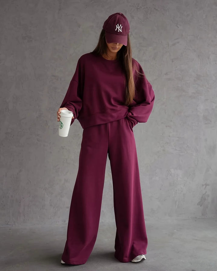 Round Neck Long Sleeve Wide Leg Pants Two Piece Set Casual Korean Style Sweatshirt Set Women Autumn Winter Fashion Outfit