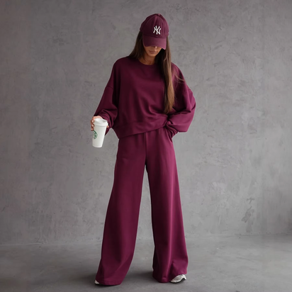 Round Neck Long Sleeve Wide Leg Pants Two Piece Set Casual Korean Style Sweatshirt Set Women Autumn Winter Fashion Outfit