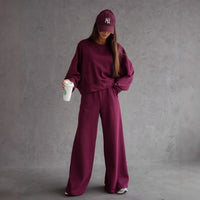 Round Neck Long Sleeve Wide Leg Pants Two Piece Set Casual Korean Style Sweatshirt Set Women Autumn Winter Fashion Outfit