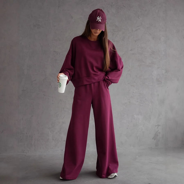 Round Neck Long Sleeve Wide Leg Pants Two Piece Set Casual Korean Style Sweatshirt Set Women Autumn Winter Fashion Outfit