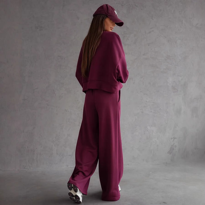 Round Neck Long Sleeve Wide Leg Pants Two Piece Set Casual Korean Style Sweatshirt Set Women Autumn Winter Fashion Outfit