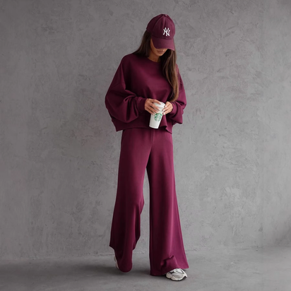 Round Neck Long Sleeve Wide Leg Pants Two Piece Set Casual Korean Style Sweatshirt Set Women Autumn Winter Fashion Outfit