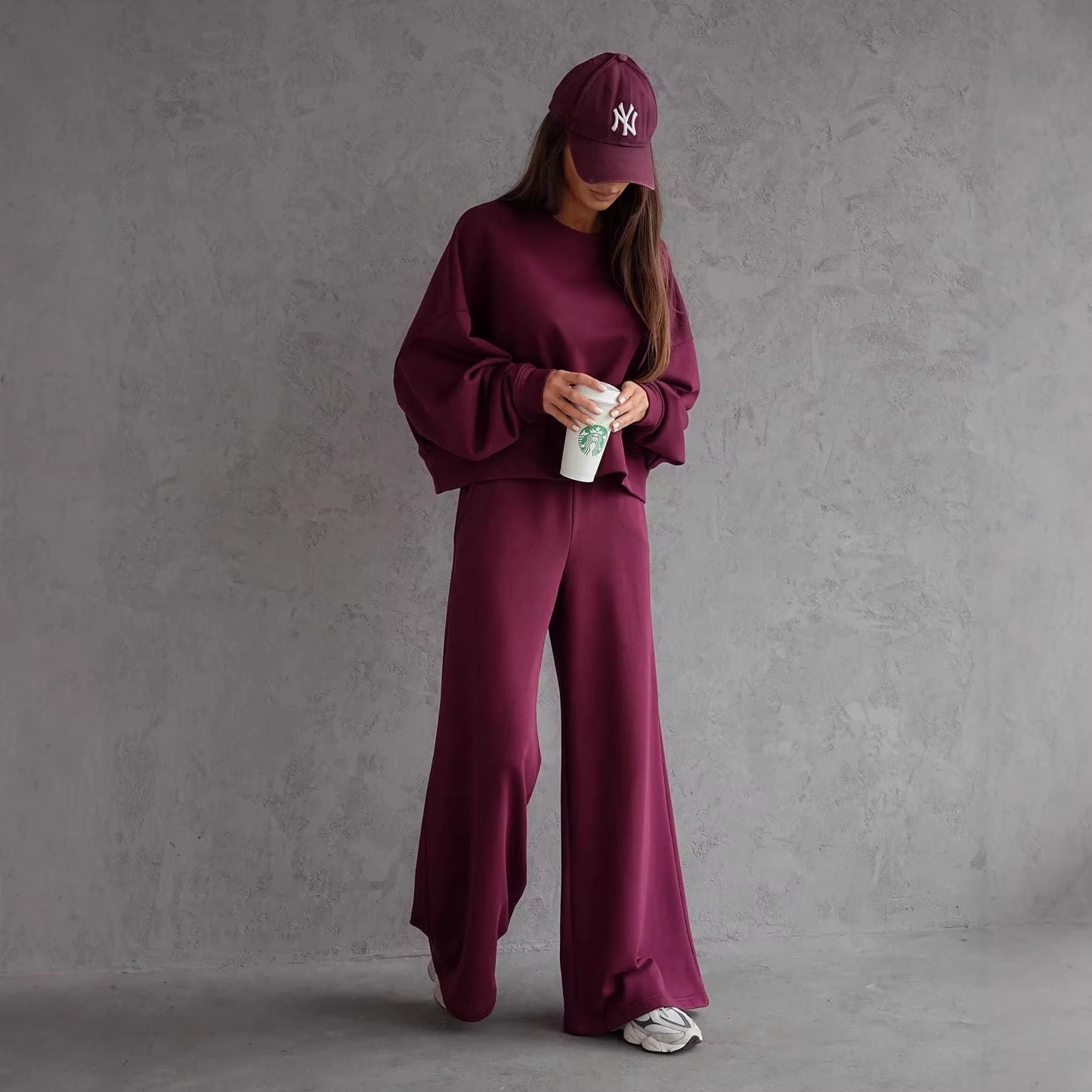Round Neck Long Sleeve Wide Leg Pants Two Piece Set Casual Korean Style Sweatshirt Set Women Autumn Winter Fashion Outfit